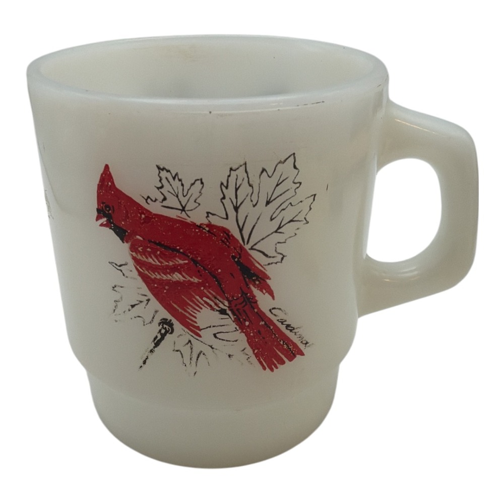 Anchor Hocking Fire King Milk Glass Bird Mug Blue Jay Cardinal